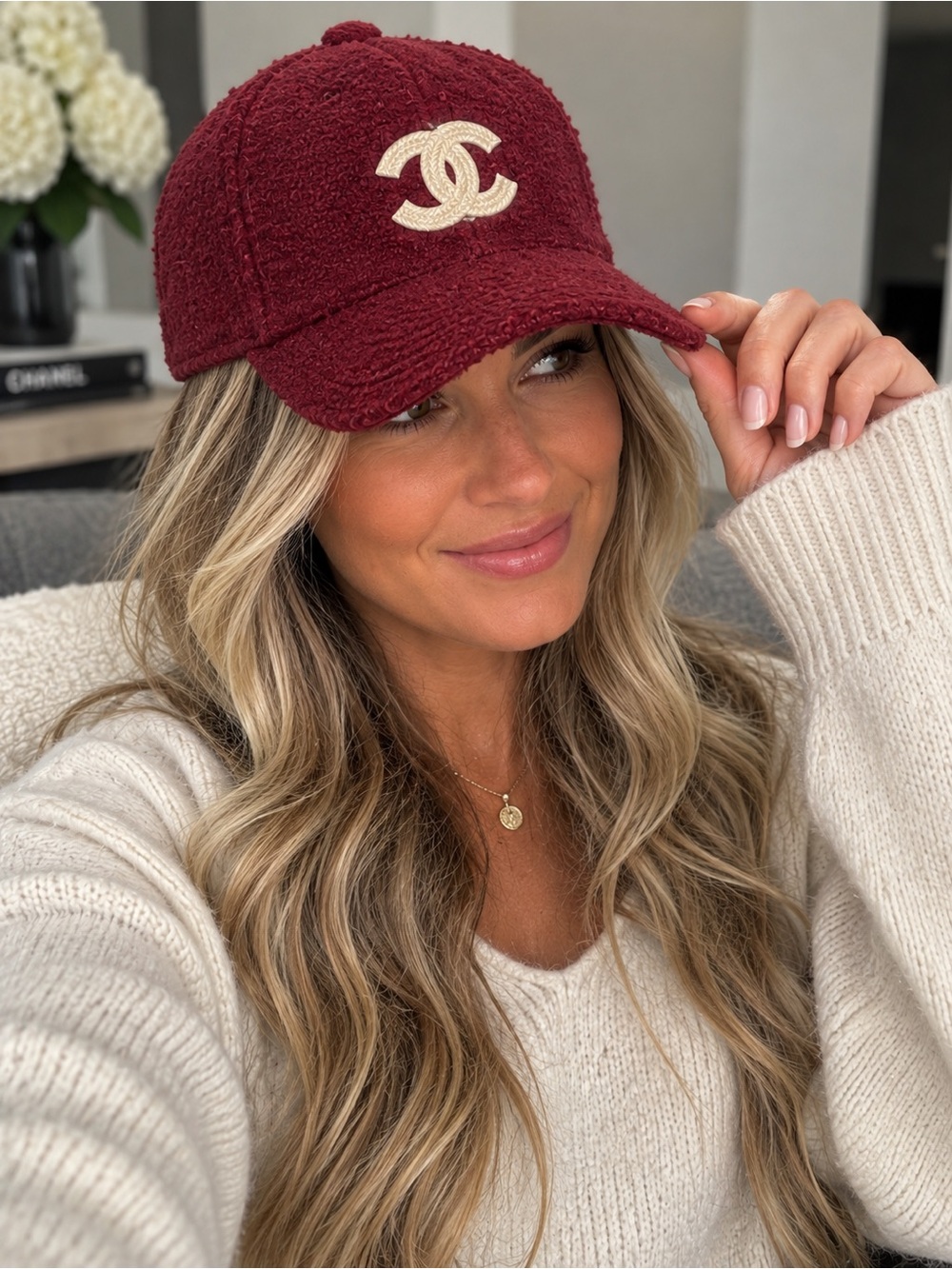Chanel Burgundy Bouclé Baseball Cap with Cream CC Emblem